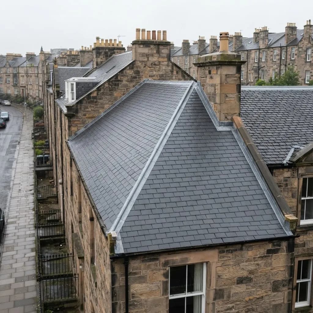 A completed traditional slate roof on a Paisley stone terrace